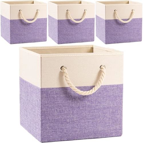 PRANDOM Large Foldable Cube Storage Bins 11x11 inch [4-Pack] Fabric Linen Storage Baskets Cubes Drawer with Cotton Handles Organizer for Shelves Nursery Closet Bedroom Purple