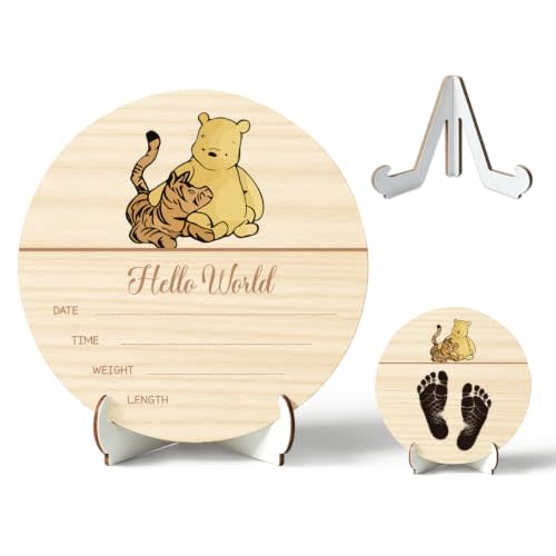 Winnie Baby Announcement Sign, Wooden Newborn Birth Sign, The Hello World Name Sign for Hospital, Gift for New Mom Baby Shower, Birth Name Plaque, Nursery Decor 6