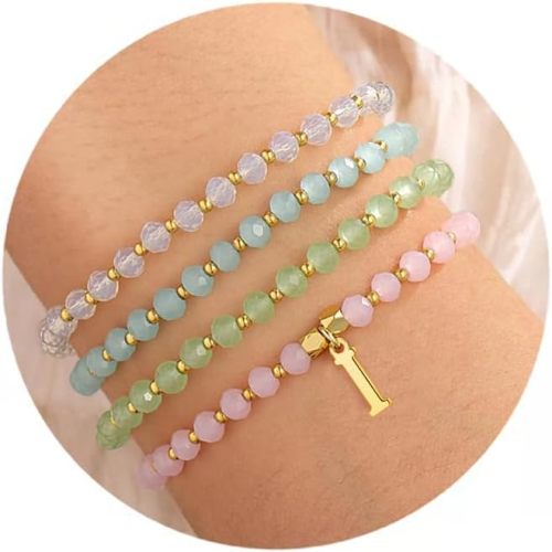 IEFWELL Initial Bracelets for Women Girls - 4Pcs Crystal Bracelets Set Pink/Blue/White/Green Crystals Beaded Bracelet Stretch Bracelet Kid Jewelry Birthday Gifts for Teen Girls Kids Toddler