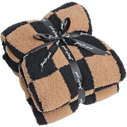 Soft Checkered Throw Blanket, Ultra Cozy Knit Throw Blanket Fluffy Fuzzy Reversible Checkerboard Blanket for Travel Couch Sofa Bed Decor, 51x63 inches, Black Brown