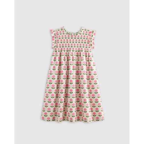 100% Organic Cotton Poplin Smocked Flutter Sleeve Dress in Pink Woodblock Floral