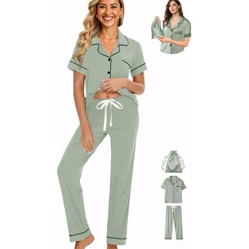 WJing Yi Jia Womens 3Pcs Pajamas Set Soft Pajama Sets Button Down Pjs Set Knit Sleepwear Lounge Sets with Long Pants XS-XXL
