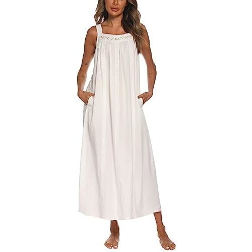 YOZLY Cotton Nightgowns for Women Embroidery Sleeveless Night Gown with Pockets S-XXXL