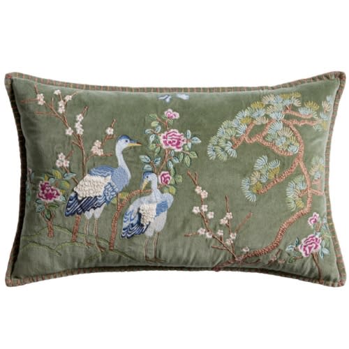 Sage Green Velvet Crane Embroidered Lumbar Pillow
