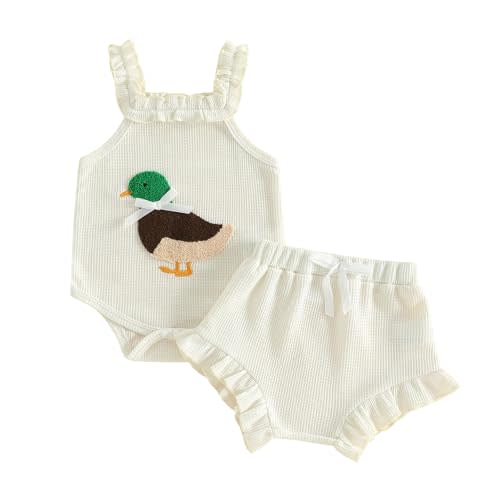 Newborn Baby Girl Clothes Silly Goose Outfit Waffle Knit Sleeveless Romper Ruffle Shorts Set Spring Summer Clothes