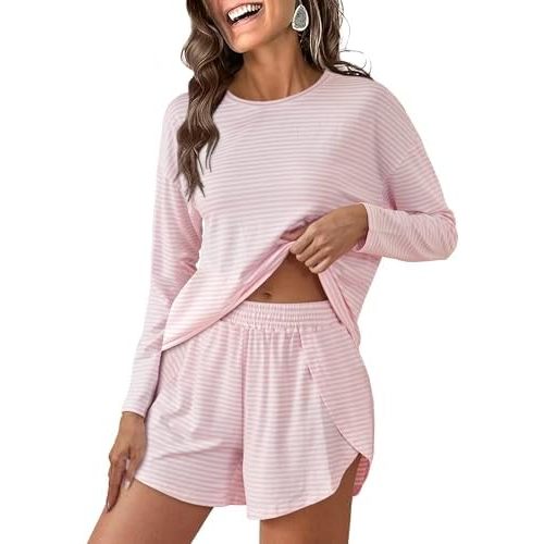 ANRABESS Womens Long Sleeve Pajama Sets 2025 Fall 2 Piece Outfits Lounge Matching Short Set Striped Pjs Loungewear Sleepwear