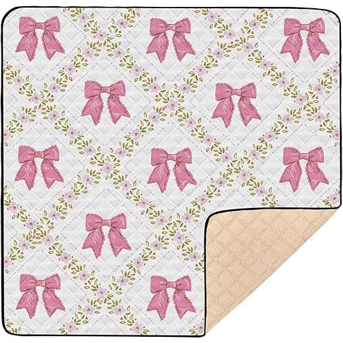 Baby Play Mat Bows Small Flowers Checkered Pink 50 x 50 Playpen Mat Baby Play Mats for Floor Play Gym Crawling Mat Non-Slip Cushioned Baby Playmat for Infants, Babies, Toddlers