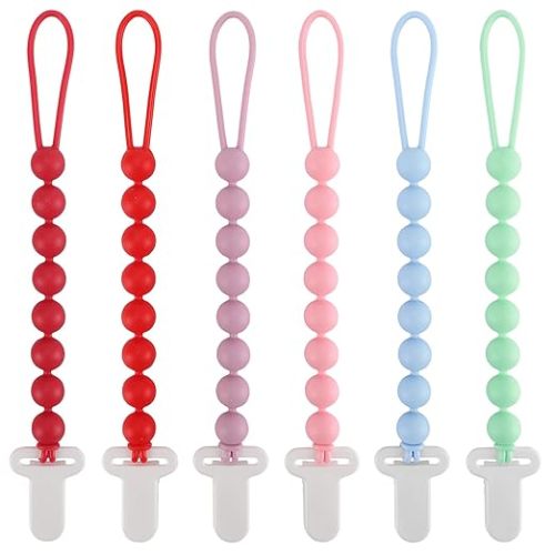 6-Pack Silicone Pacifier Clips for Babies, Safe Teething Beads, Rust-Free Holders, Baby Boy and Girl Essentials, Newborn Must-Have Accessories, BPA-Free (Pink)