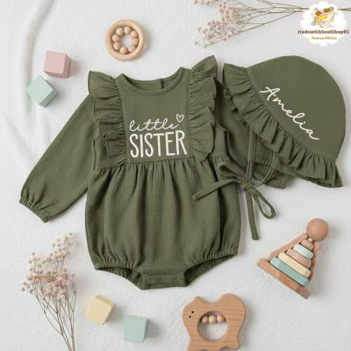 Embroidered Little Sister Linen Romper, Coming Home Baby Clothes, Floral Girl Birthday Romper, Baby Shower Gift, Pregnancy Announcement Gift