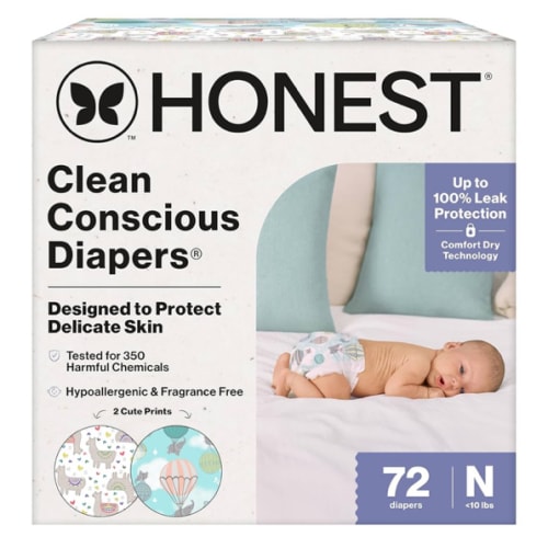 The Honest Company Clean Conscious Diapers for Delicate Skin | Up to 100% Leakproof | Hypoallergenic, Fragrance Free | Gender Neutral | Club Box, Size Newborn, 72 Count (Prints May Vary)