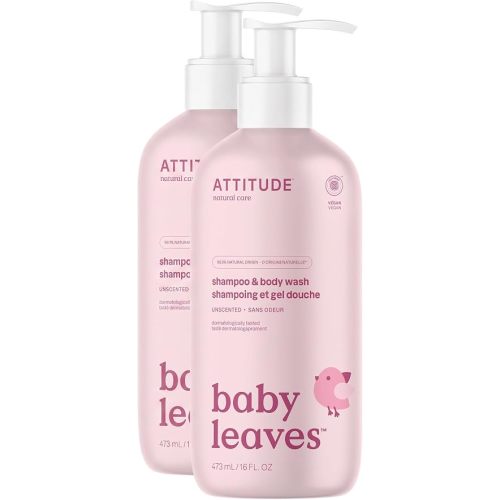 ATTITUDE Baby 2-in-1 Shampoo & Body Wash, EWG Verified, Fragrance Free & Dermatologically Tested, Vegan, Unscented, 16 Fl Oz (Pack of 2)