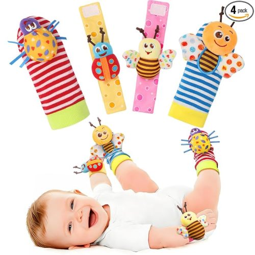 Bloobloomax Wrist Rattle Socks and Foot Finder Set, Baby Girl Boy Toys | Sensory Toys for Infant 0-36 Months, Newborn Hand & Foot Toys for 0 to 3 Years, Baby Shower Present Basket Stuffer
