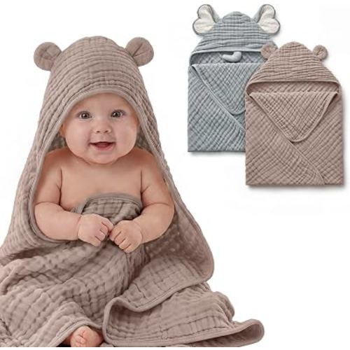 Blissful Diary Muslin Baby Hooded Towel 2 Pack, Soft & Absorbent Bath Towel for Infant, Toddler, Unisex, Baby Gift, Newborn Essentials, Gray Elephant & Sandy Bear