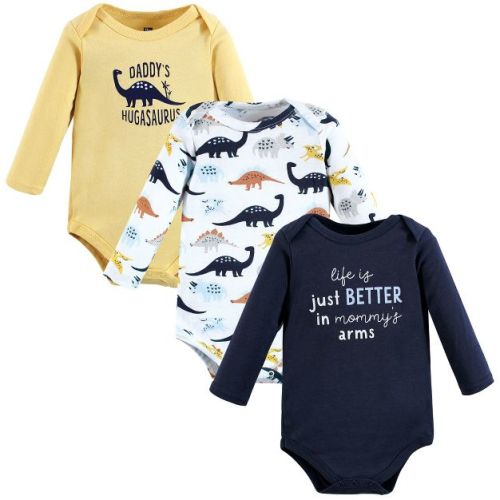 Hudson Baby Infant Boy Cotton Long-Sleeve Bodysuits, Hugasaurus 3-Pack, 0-3 Months