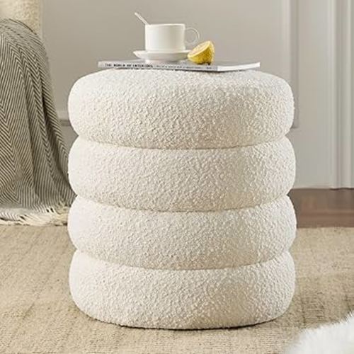 Round Ottoman with Storage Boucle Ottoman Stool with Storage Removable Lid for Living Room Modern Vanity Sorage Stool Foot Rest Bedroom Dorm Gift Set of 1 (White)