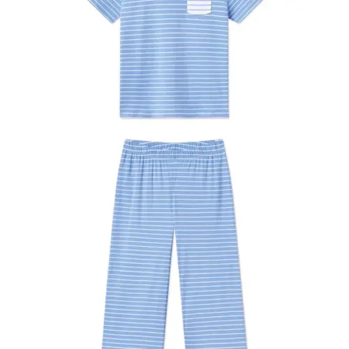 Pima Crew Wide Leg Pajama Set – Baltic Blue Stripe (M)