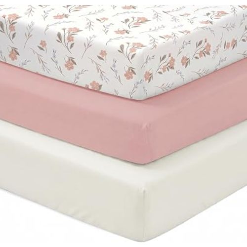 Baby Crib Sheets for Girls Boys, 3 Pack Fitted Crib Sheets 52 x 28 x 8 Inch, Soft Stretchy Polyester Baby Sheets for Standard Criband Toddler Mattress, Pink+White+Flower