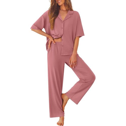 Ekouaer Women Pajamas Set Button Down Sleepwear Short Sleeve Pjs Soft Comfy Nightwear with Long Pants S-XXL