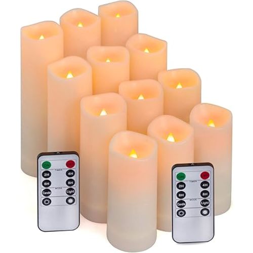 Aignis 12pcs Flameless LED Candles Battery Operated with 10-Key Remote Timer, Outdoor Indoor Waterproof, Warm Flickering Glow for Cozy & Romantic Home/Wedding/Holiday Décor(D2.2''xH4/5/6/7'')
