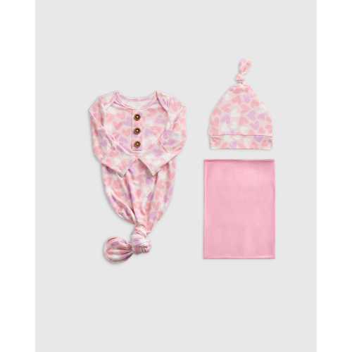 Bamboo Gown, Hat & Swaddle Layette Bundle in Lavender Hearts