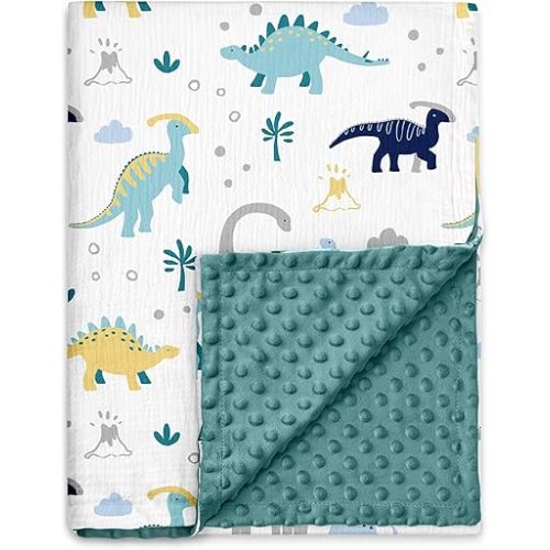 GLLQUEN BABY Blankets for Boys, Soft Muslin Cotton Front Dotted Fleece Backing, Nursery Minky Crib Blanket for Infant Toddler, 30 x 40 inches Throw Blanket, Dinosaur