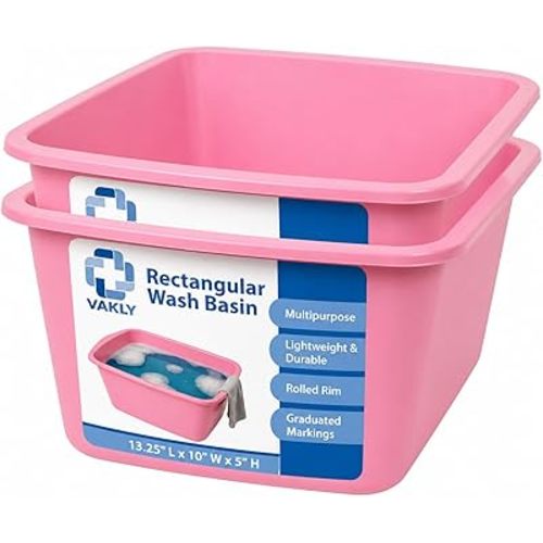 Vakly Wash Basins – Rectangular Plastic Hospital Bedside Soaking Tub (Pack of 2) Small 7 Qt Graduated Bucket - Portable Washbasin for Washing, Cleaning, Foot Bath, Dishes, Face Cleansing Bowl