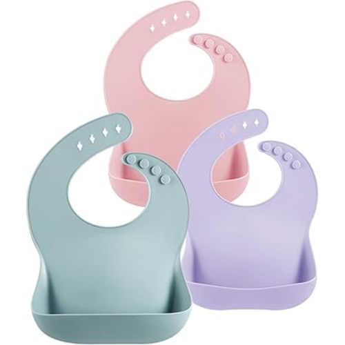 PandaEar 3 Pack Silicone Bibs for Babies Toddlers Girls, Adjustable Fit BPA Free Waterproof Bibs with Pocket Food Catcher (Blue/Pink/Purple)