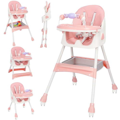 4-in-1 Baby High Chair, Convertible High Chair for Babies and Toddlers, Portable Folding Dining Chairs Eat & Play with Five-Point Harness, Double-Layer Dinner Plate, Toy Rack, Spoon, Fork, Bowl, Pink
