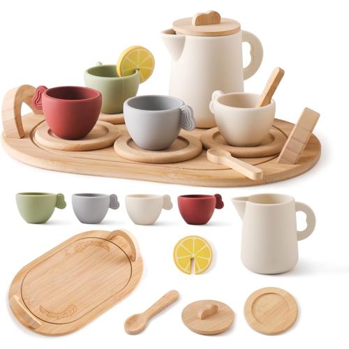 Youuys Wooden Tea Party Set for Toddler 3-5,Kids Tea Sets for Little Girls 4-6, 14pcs Silicone Kitchen Accessories, Pretend Play Montessori Toys with Tray for 3 4 5 6 Year Old Birthday
