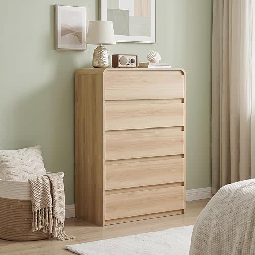 5 Drawer Dresser for Bedroom,Curved Edge Design Modern Dressers & Chest of Drawers, Nursery Dresser Natural Oak