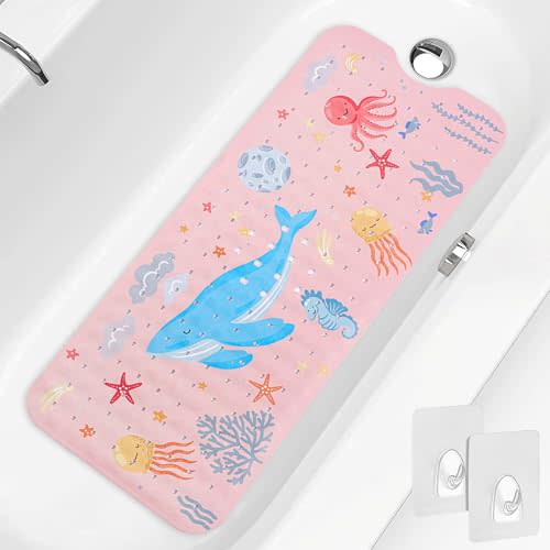 PRATIQUE Kids Bath Mat for Tub Non Slip,40 X 16 Inch Extra Long Kids Bathtub Mat Ocean Bathtub Shower Mat Safety Anti Slip with Suction Cups and Drain Holes, Machine Washable(Pink Whale)