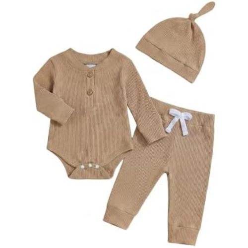 Newborn Baby Boy Clothes Long Sleeve Ribbed Bodysuit Pants Hat 3-Piece Outfit Set