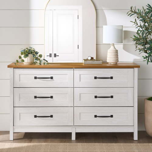 Better Homes & Gardens Modern Farmhouse 6-Drawer Dresser, 56.85 in Wide, Alabaster and Light Honey