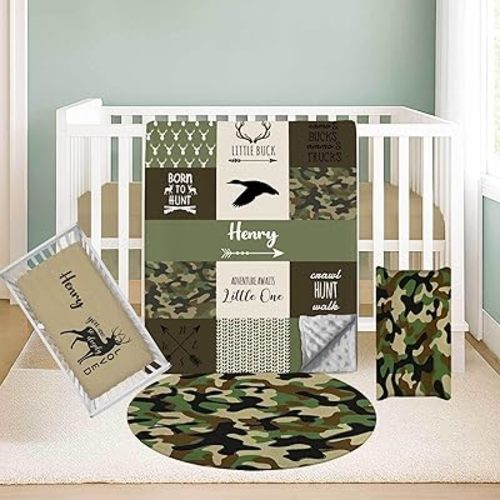 Personalized Baby Crib Bedding Set – Custom Name 3-Piece Nursery Set Including Blanket, Fitted Crib Sheet & Changing Pad Cover – Ideal Newborn Gift for Boys, Hunting Theme