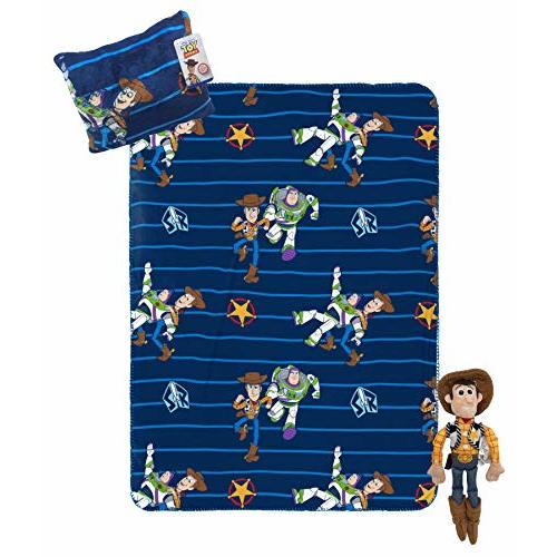 Jay Franco Kids Travel Blanket and Pillow Set, 3 Piece Disney Pixar Toy Story - Includes 40 x 50 Throw Blanket, Pillow & Plush - Woody & Buzz Lightyear, Super Soft, Machine Washable, Blue