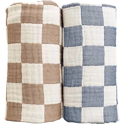 Pack of 2 Ultra Soft Checkered Muslin Baby Blanket Breathable 6-Layer Cotton Checkered Muslin Swaddle Blankets for Baby Boys and Girls Both Sides 42"X42" (Blue and Coffee)