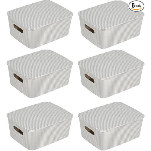 Glad Storage Baskets with Lids - Set of 6 Stackable Plastic Boxes with Handles - Decorative Shelf Organizer Bins for Bathroom and Closet, Grey, 1 Gallon