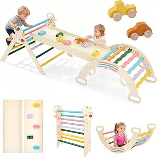 DUMOS 9-in-1 Pikler Triangle Set for Toddlers, Foldable Montessori Climbing Toys Indoor, Wooden Jungle Gym with Arch Rocker, Reversible Ramp, Ladder, Toy Cars and Blocks, Multicolored