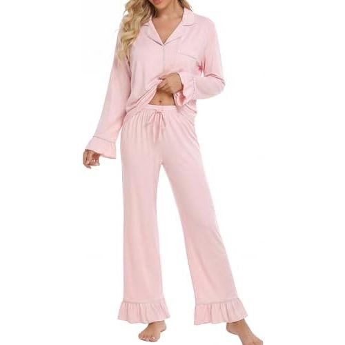 Women Bamboo Viscose Pajama Sets Ruffled Cuff Hem Long Sleeve Fancy Yarn 2 Piece Loungewear Loose Fit Drop Shoulder