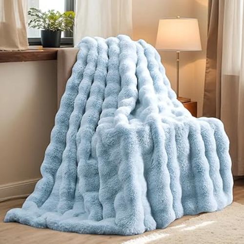 (LIGHTBLUE, Twin (60"x80") H&D Faux Fur Throw Blanket for Couch,Fluffy Cozy Soft Plush Luxury Thick Fuzzy Fleece Blanket for Couch Bed Sofa Bedroom Living Room,Comfy Bubble Blanket
