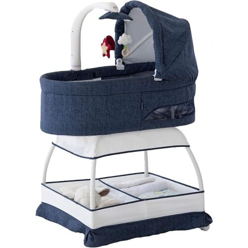 Baby Sweetli Deluxe Infant Bassinet Bedside Crib Sleeper with Play2Sleep Electric Mobile, Room Temperature and Humidity Indicator, Feeding Reminder, Nightlight, Vibration (Denim Melange)