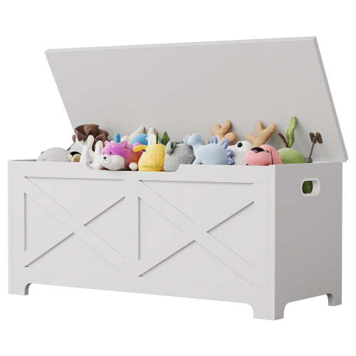 GOCAPTAIN Wooden Storage Bench, 39.4" Chest Organizer with Safety Hinges, 300 lbs Capacity, Toy Storage Chest for Bedroom, Entryway, Living Room, Frosted White