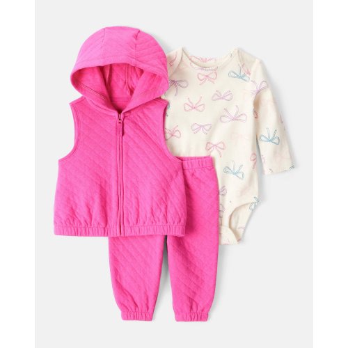 Baby Girl 3-Piece Bow Print Bodysuit, Vest & Pant Set - Pink | Carter's