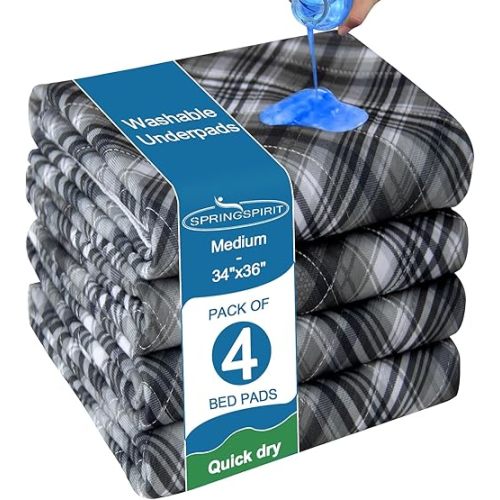 SPRINGSPIRIT Washable Underpads 4 Pack 34” x 36” Heavy Absorbency Reusable Incontinence Bed Wetting Pads, Waterproof Chucks Pads for Kids, Adults, Elderly, and Pets, Washable Pee Pads for Dogs, Plaid