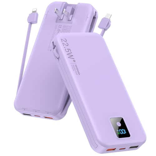 Rngsnoy Portable Charger 12000mAh 22.5W w/Built-in Cable & Wall Plug Purple | 22.5W fast charging, LED display, Charging 5 devices at once, Pass through charging, TSA approved, Compatible with iPhone