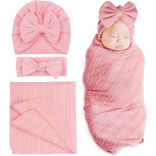 DRESHOW BQUBO Newborn Receiving Blanket Toddler Warm for Girls with Bow Hat and Bow Headband Shower Gift