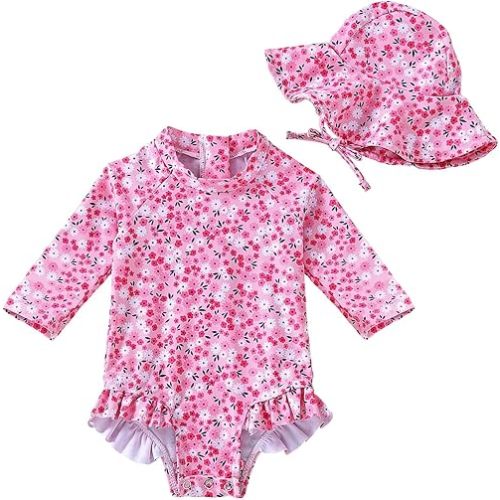 WOLBAY Baby Girl Swimsuit Long Sleeve One Piece Rash Guard with Sun Hat Zipper Bathing Suit Size 0-2T