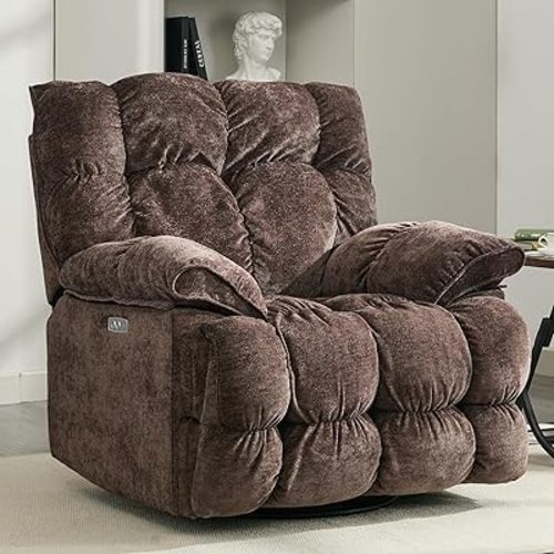 Oversized Rocker Recliner Chair,Power Swivel Recliner for Living Room,Overstuffed Extra Wide Rocking Recliners with Breathable Soft Fabric,Up to 350lbs (Power, Brown)