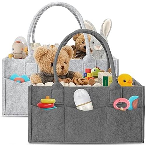 HIPHOP PANDA 2-Pack Diaper Caddy Organizer - Nursery Storage Bin & Car Organizer for Diapers, Wipes, and Baby Essentials - Dual-Color Solid Set (Dark Grey/Grey), Large Size