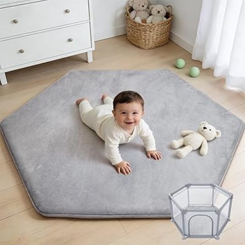 Thick Hexagon Playpen Mat,65x56 Inch Baby Play Mat for Floor,Soft Support & Plush Feel Foam Mats Play Tent Mats for Infant,Kids,and Toddler Crawling,Non-Slip Back for Indoor Playhouses(Light Grey)